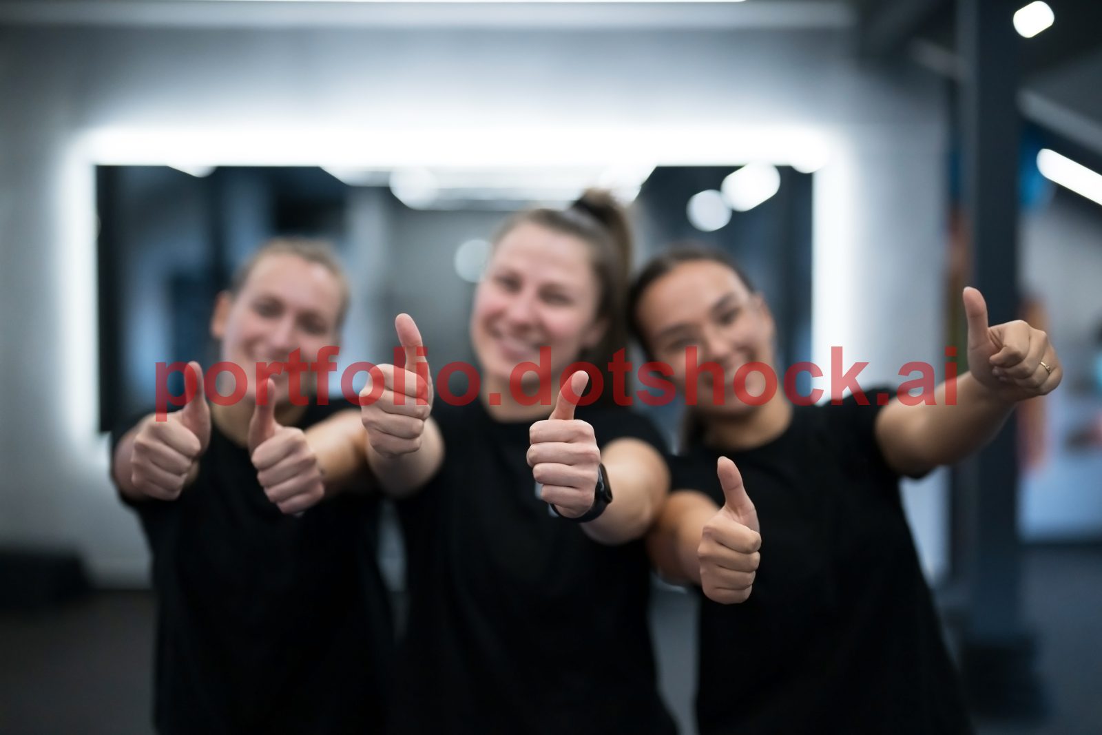 Group of women wearing matching black shirts show thumbs up with smiles in a bright gym