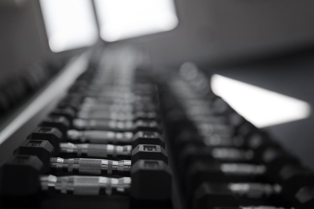 A variety of dumbbells are neatly arranged in a gym